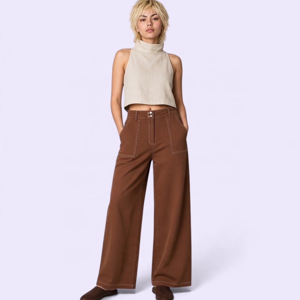 FRNCH Paris Prunella Wide Leg Pants Contrast Stitch Brown High Waist Utility XL